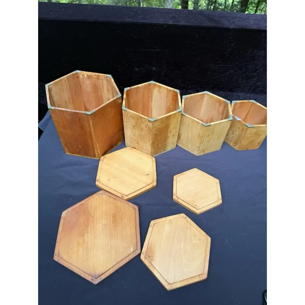 4 MCM 1960’s Japan Betson's Wood Rooster Hexagon 6-Sided Nesting Canisters